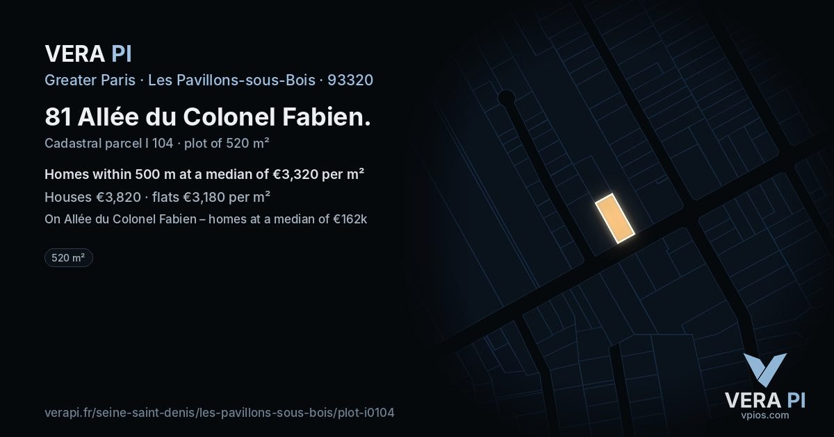 81 Allée du Colonel Fabien, Les Pavillons-sous-Bois at night – the plot lit, the parcels around coloured by the prices near them