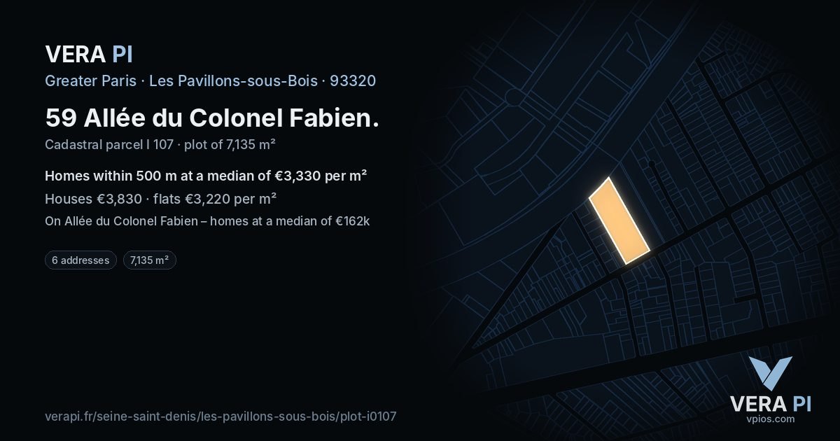 59 Allée du Colonel Fabien, Les Pavillons-sous-Bois at night – the plot lit, the parcels around coloured by the prices near them
