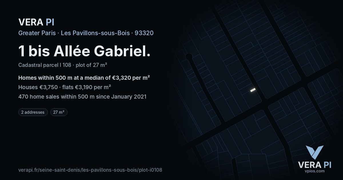 1 bis Allée Gabriel, Les Pavillons-sous-Bois at night – the plot lit, the parcels around coloured by the prices near them