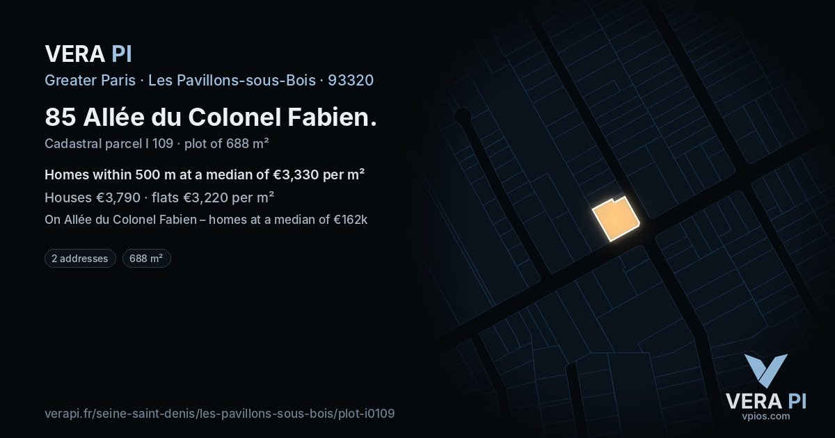85 Allée du Colonel Fabien, Les Pavillons-sous-Bois at night – the plot lit, the parcels around coloured by the prices near them