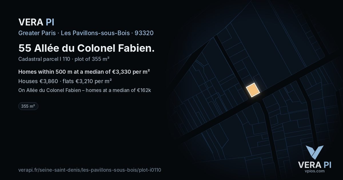 55 Allée du Colonel Fabien, Les Pavillons-sous-Bois at night – the plot lit, the parcels around coloured by the prices near them