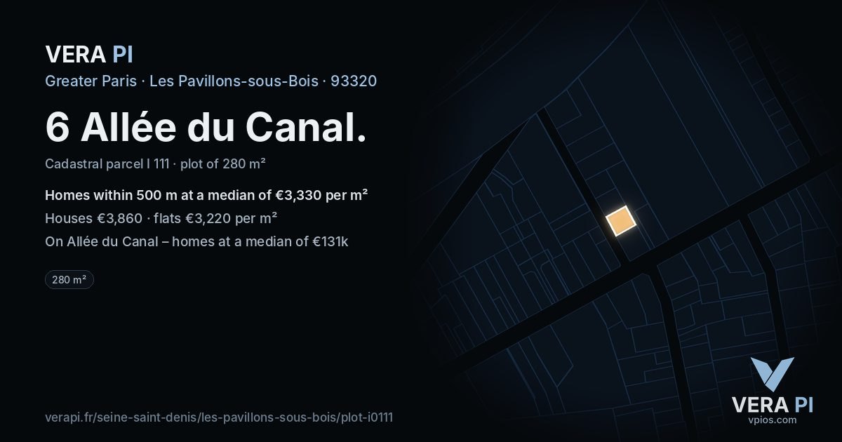 6 Allée du Canal, Les Pavillons-sous-Bois at night – the plot lit, the parcels around coloured by the prices near them