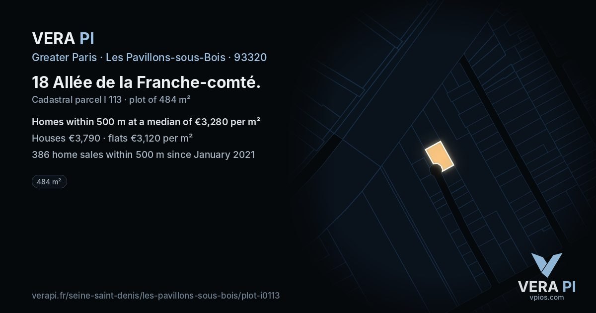 18 Allée de la Franche-comté, Les Pavillons-sous-Bois at night – the plot lit, the parcels around coloured by the prices near them