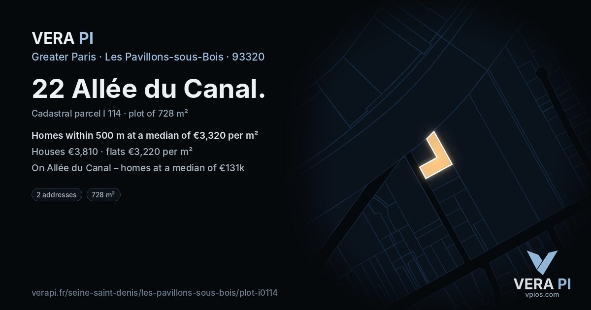 22 Allée du Canal, Les Pavillons-sous-Bois at night – the plot lit, the parcels around coloured by the prices near them