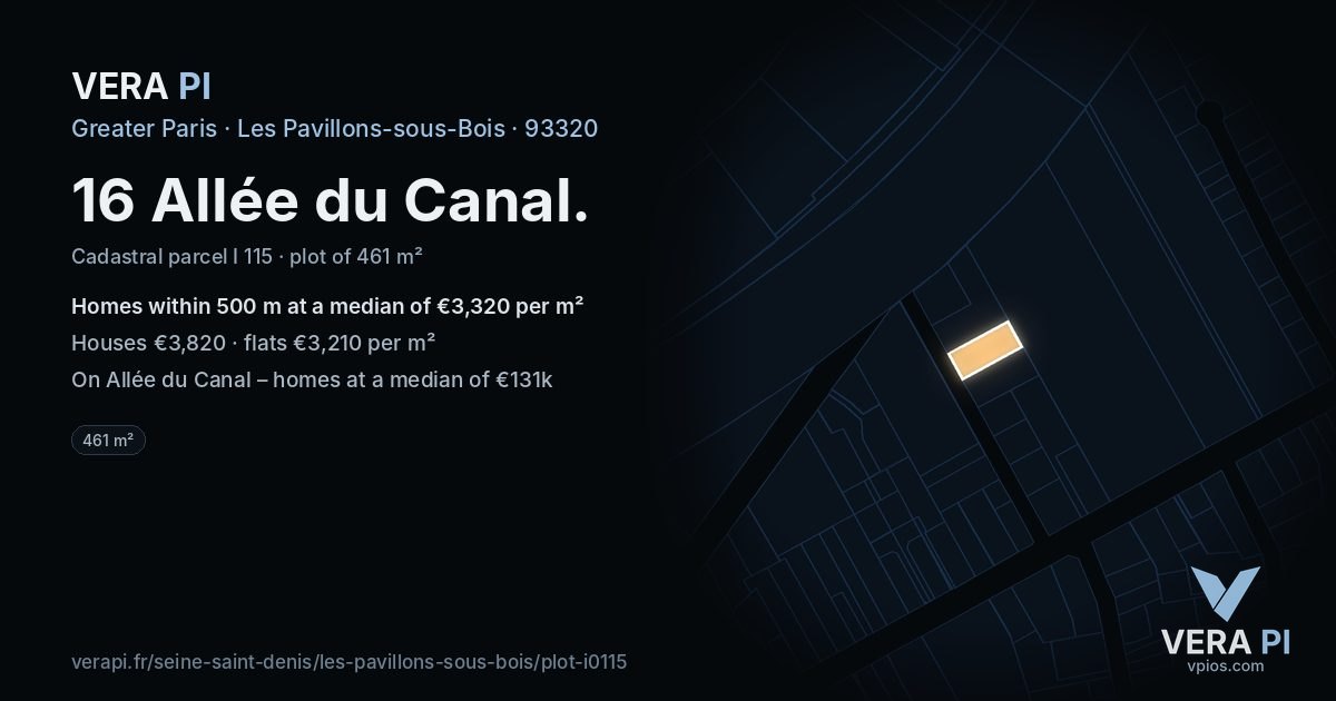 16 Allée du Canal, Les Pavillons-sous-Bois at night – the plot lit, the parcels around coloured by the prices near them