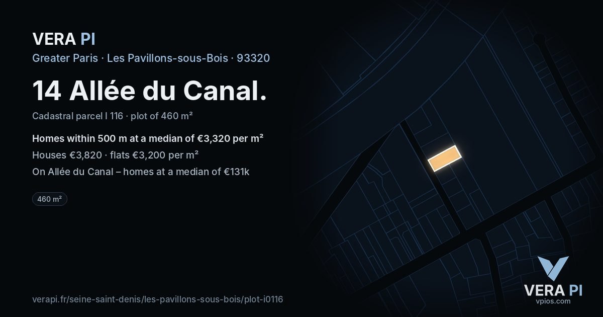 14 Allée du Canal, Les Pavillons-sous-Bois at night – the plot lit, the parcels around coloured by the prices near them