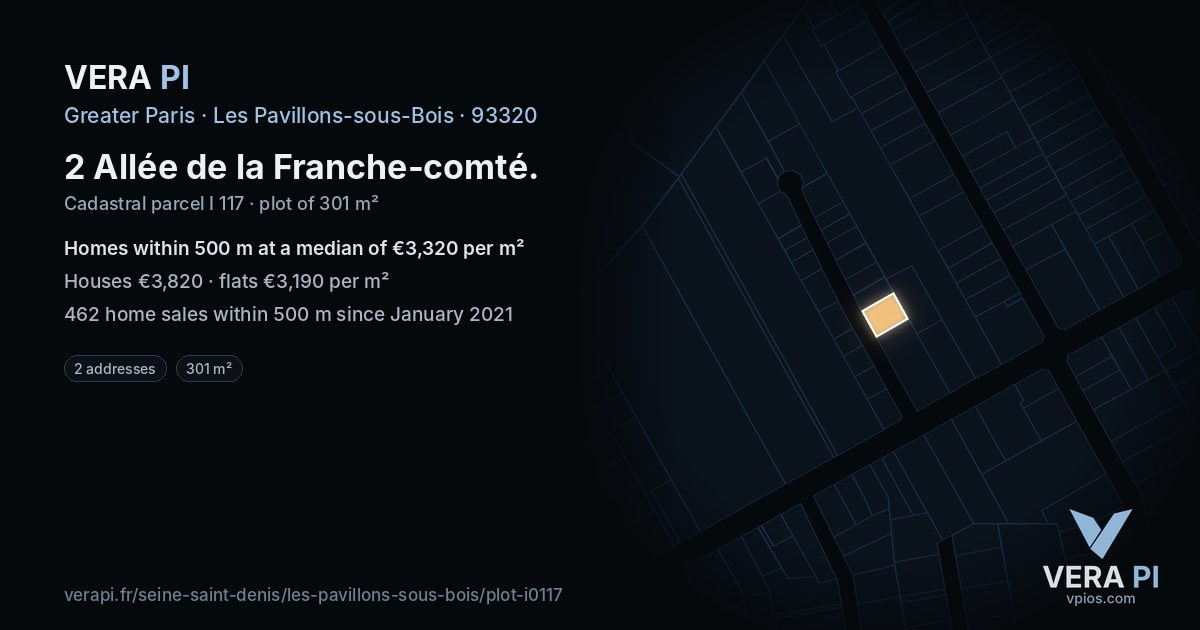 2 Allée de la Franche-comté, Les Pavillons-sous-Bois at night – the plot lit, the parcels around coloured by the prices near them