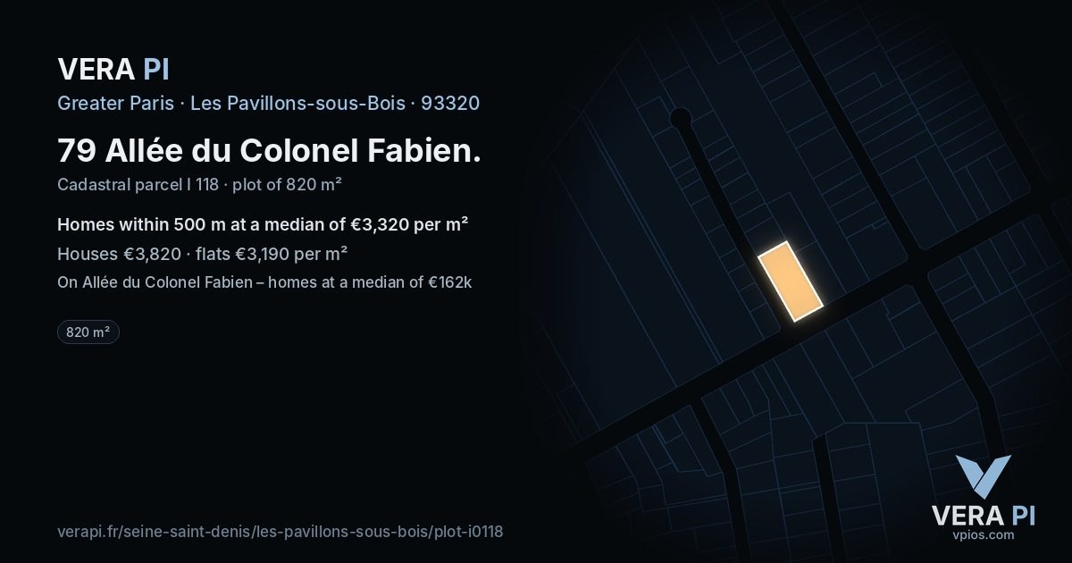 79 Allée du Colonel Fabien, Les Pavillons-sous-Bois at night – the plot lit, the parcels around coloured by the prices near them