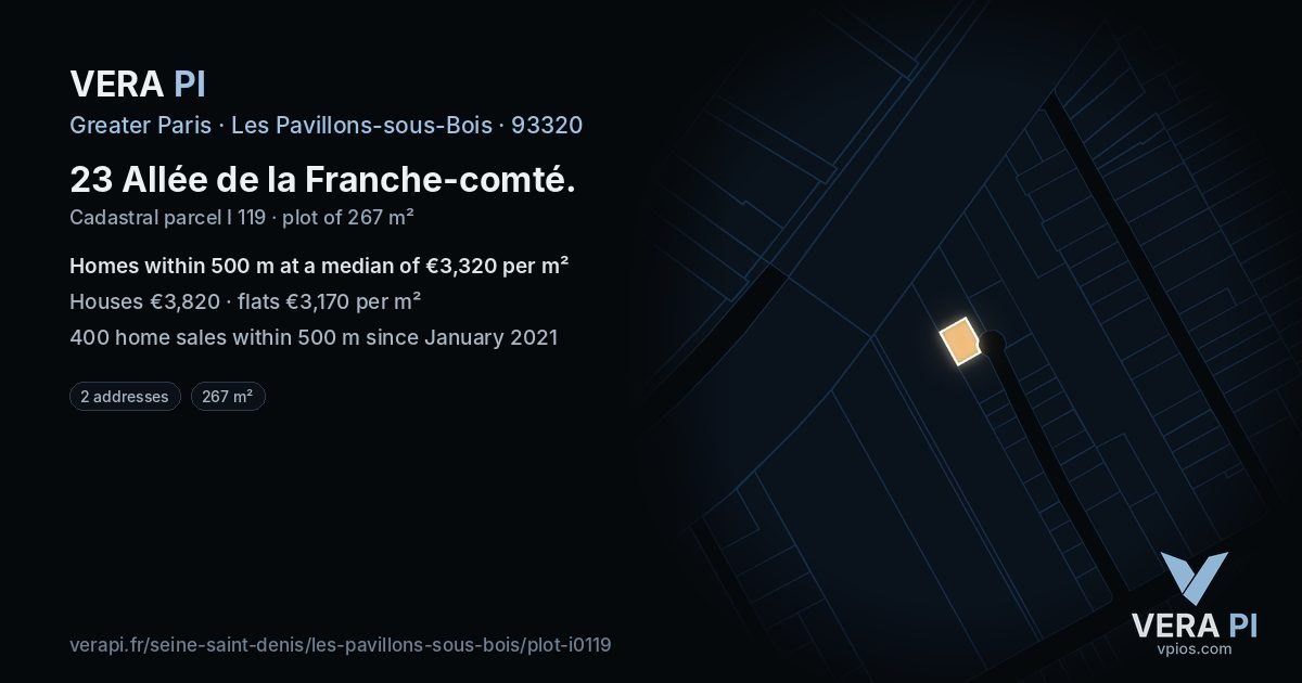 23 Allée de la Franche-comté, Les Pavillons-sous-Bois at night – the plot lit, the parcels around coloured by the prices near them