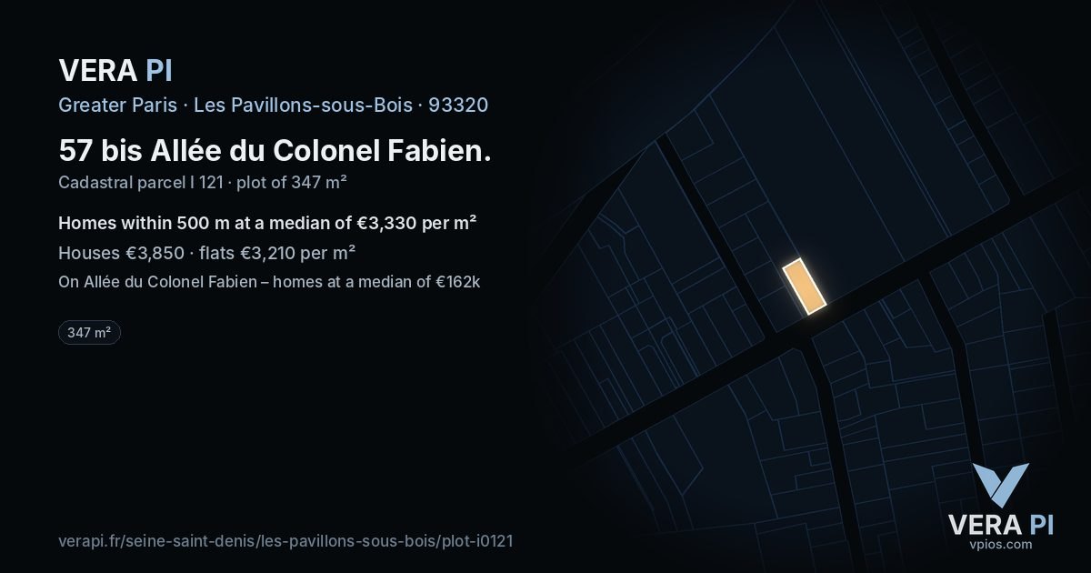 57 bis Allée du Colonel Fabien, Les Pavillons-sous-Bois at night – the plot lit, the parcels around coloured by the prices near them