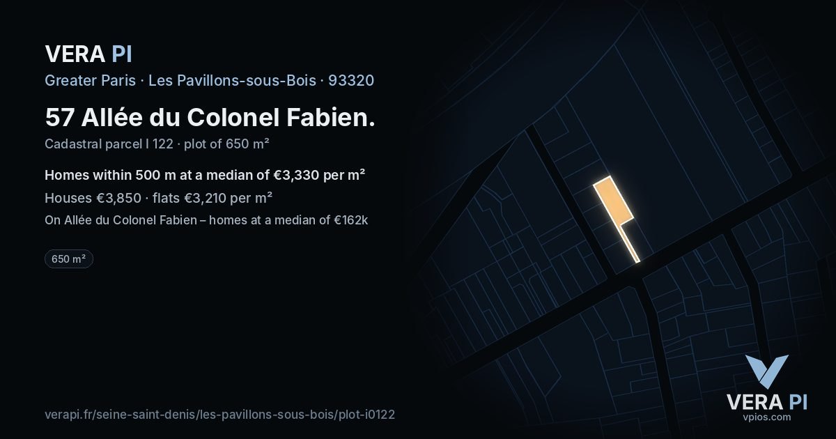 57 Allée du Colonel Fabien, Les Pavillons-sous-Bois at night – the plot lit, the parcels around coloured by the prices near them