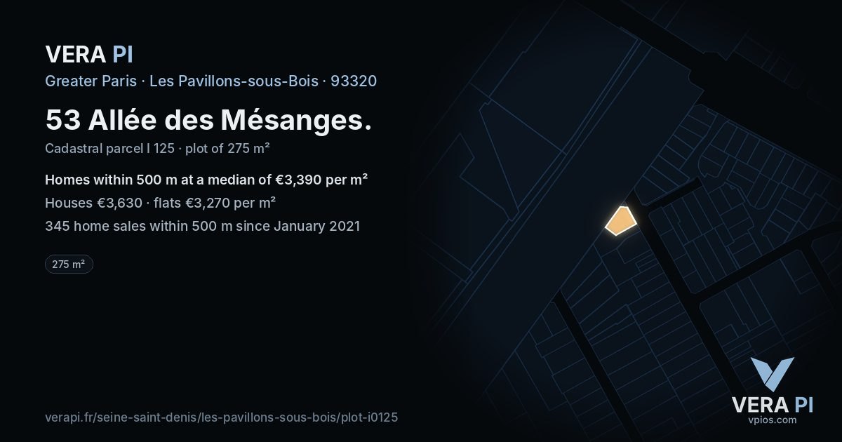 53 Allée des Mésanges, Les Pavillons-sous-Bois at night – the plot lit, the parcels around coloured by the prices near them