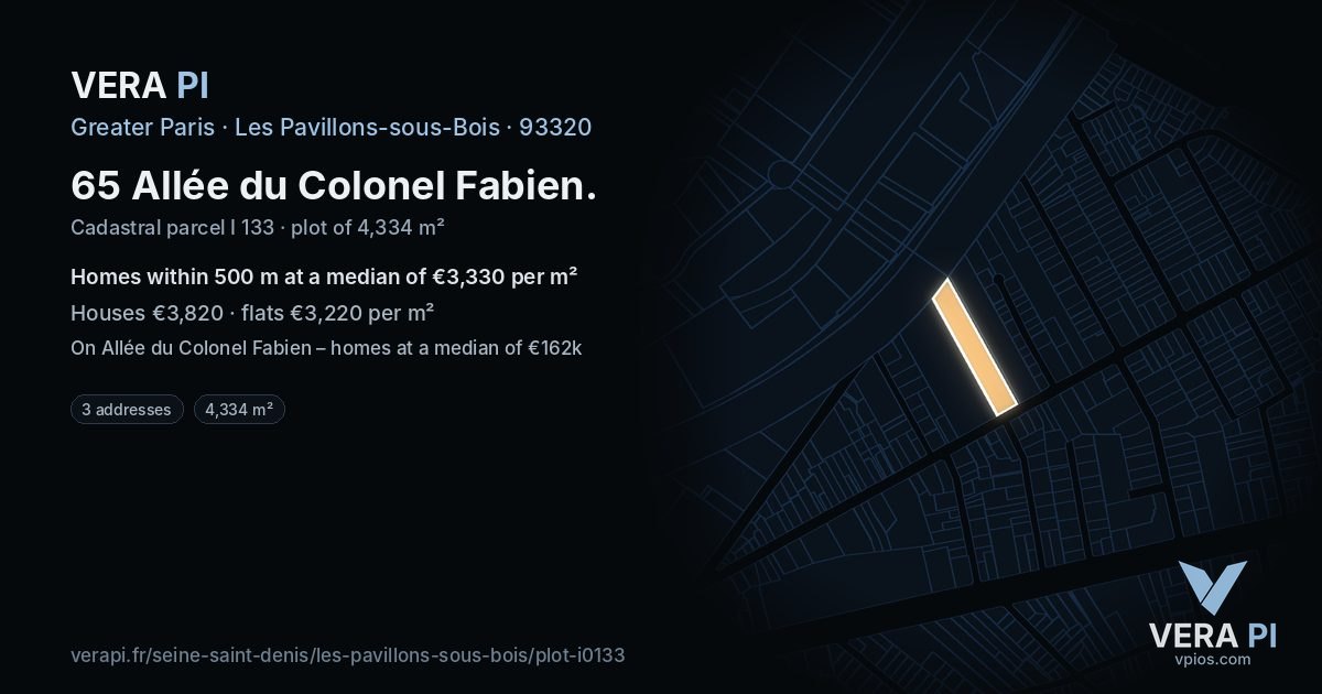 65 Allée du Colonel Fabien, Les Pavillons-sous-Bois at night – the plot lit, the parcels around coloured by the prices near them