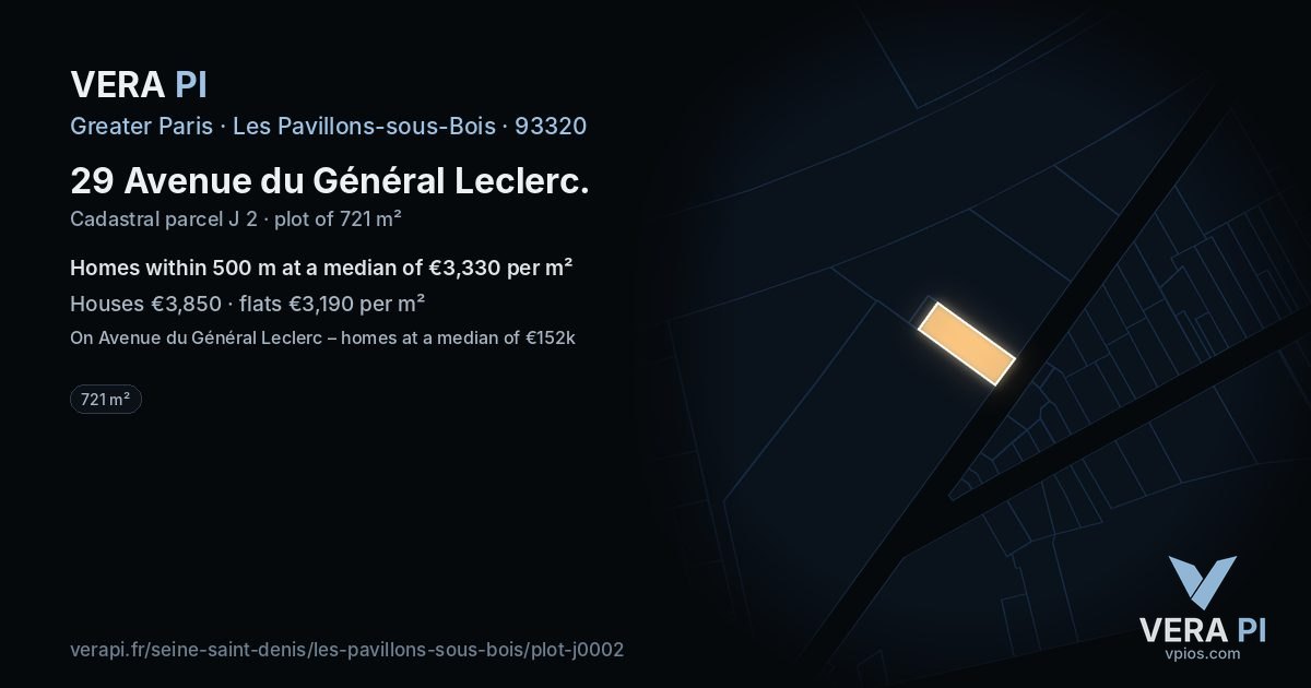 29 Avenue du Général Leclerc, Les Pavillons-sous-Bois at night – the plot lit, the parcels around coloured by the prices near them