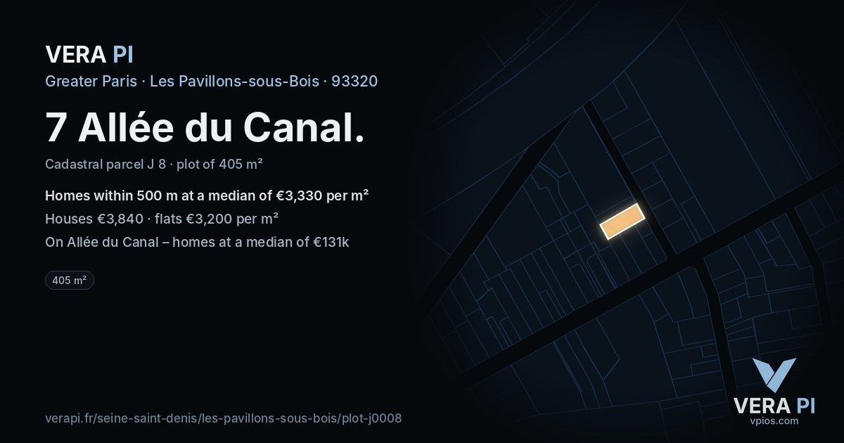 7 Allée du Canal, Les Pavillons-sous-Bois at night – the plot lit, the parcels around coloured by the prices near them