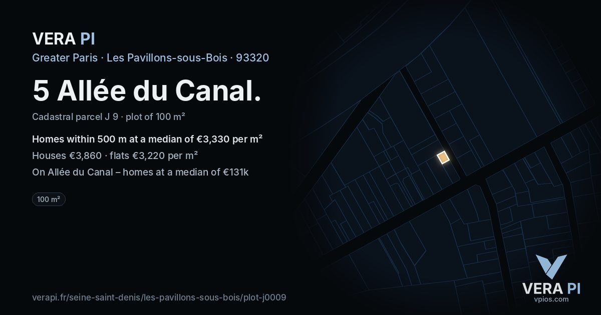 5 Allée du Canal, Les Pavillons-sous-Bois at night – the plot lit, the parcels around coloured by the prices near them