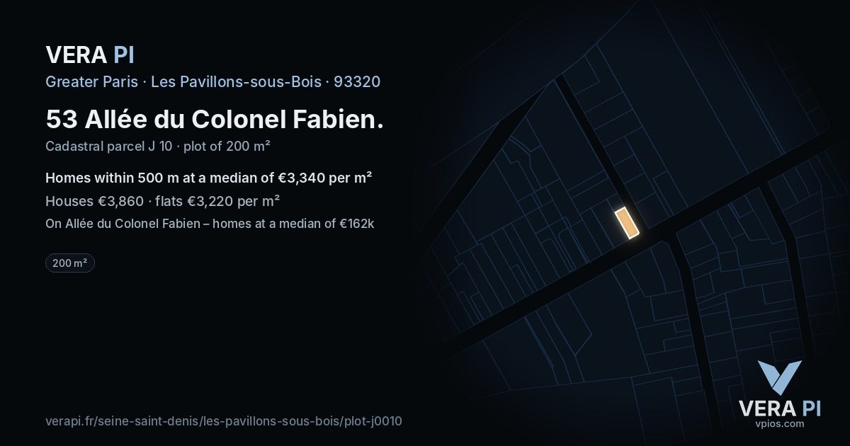 53 Allée du Colonel Fabien, Les Pavillons-sous-Bois at night – the plot lit, the parcels around coloured by the prices near them