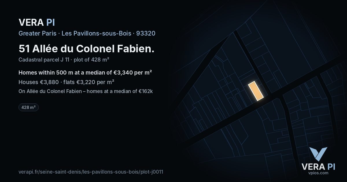 51 Allée du Colonel Fabien, Les Pavillons-sous-Bois at night – the plot lit, the parcels around coloured by the prices near them