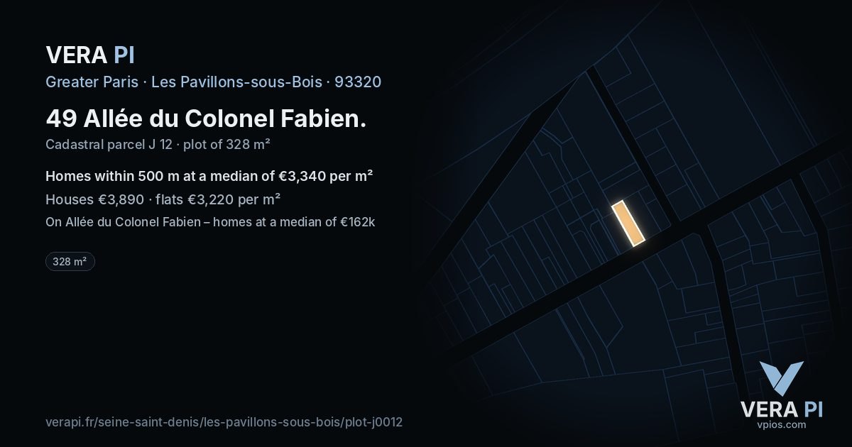 49 Allée du Colonel Fabien, Les Pavillons-sous-Bois at night – the plot lit, the parcels around coloured by the prices near them