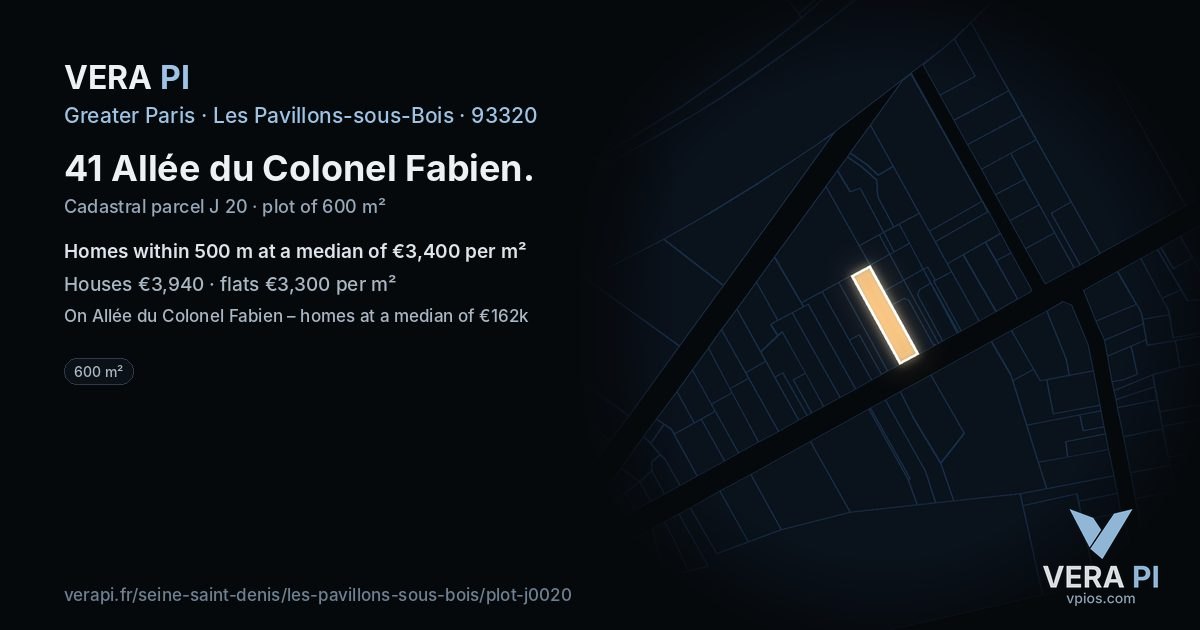 41 Allée du Colonel Fabien, Les Pavillons-sous-Bois at night – the plot lit, the parcels around coloured by the prices near them