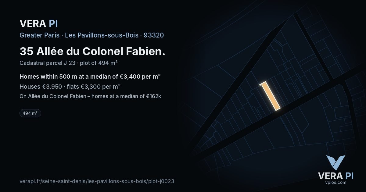 35 Allée du Colonel Fabien, Les Pavillons-sous-Bois at night – the plot lit, the parcels around coloured by the prices near them
