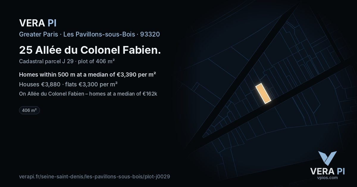 25 Allée du Colonel Fabien, Les Pavillons-sous-Bois at night – the plot lit, the parcels around coloured by the prices near them