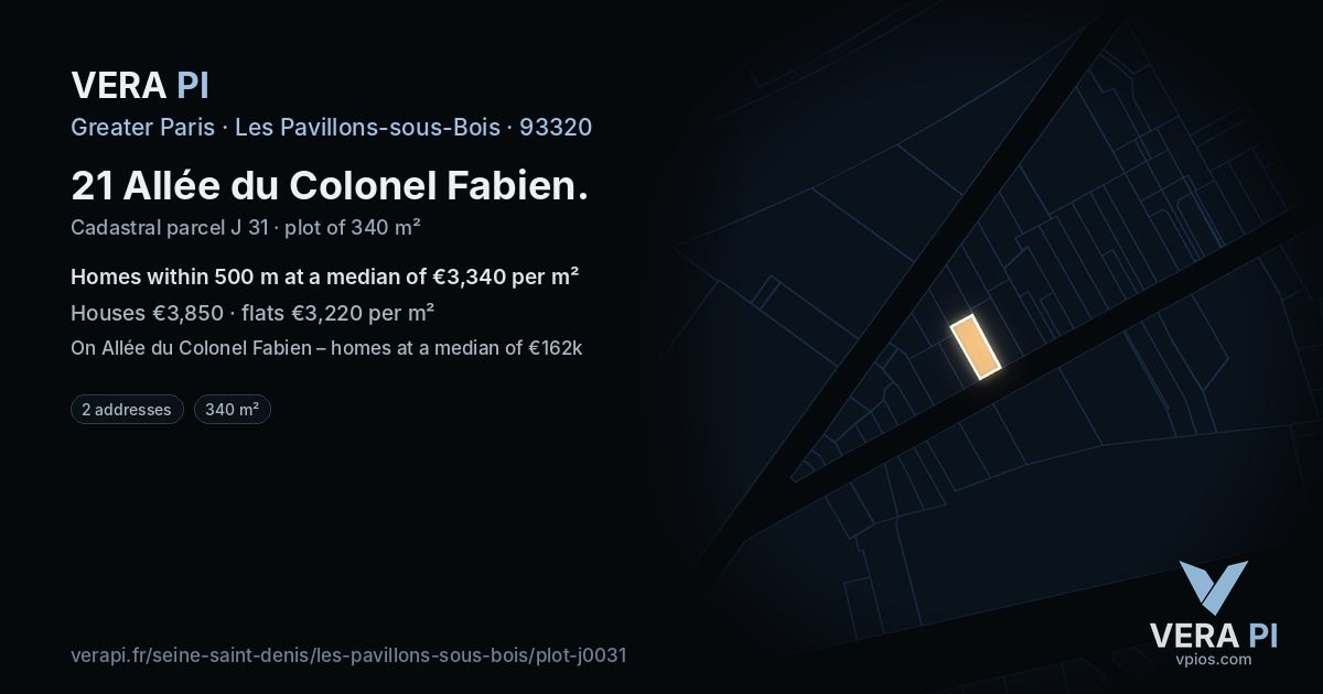 21 Allée du Colonel Fabien, Les Pavillons-sous-Bois at night – the plot lit, the parcels around coloured by the prices near them