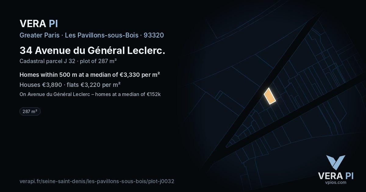 34 Avenue du Général Leclerc, Les Pavillons-sous-Bois at night – the plot lit, the parcels around coloured by the prices near them