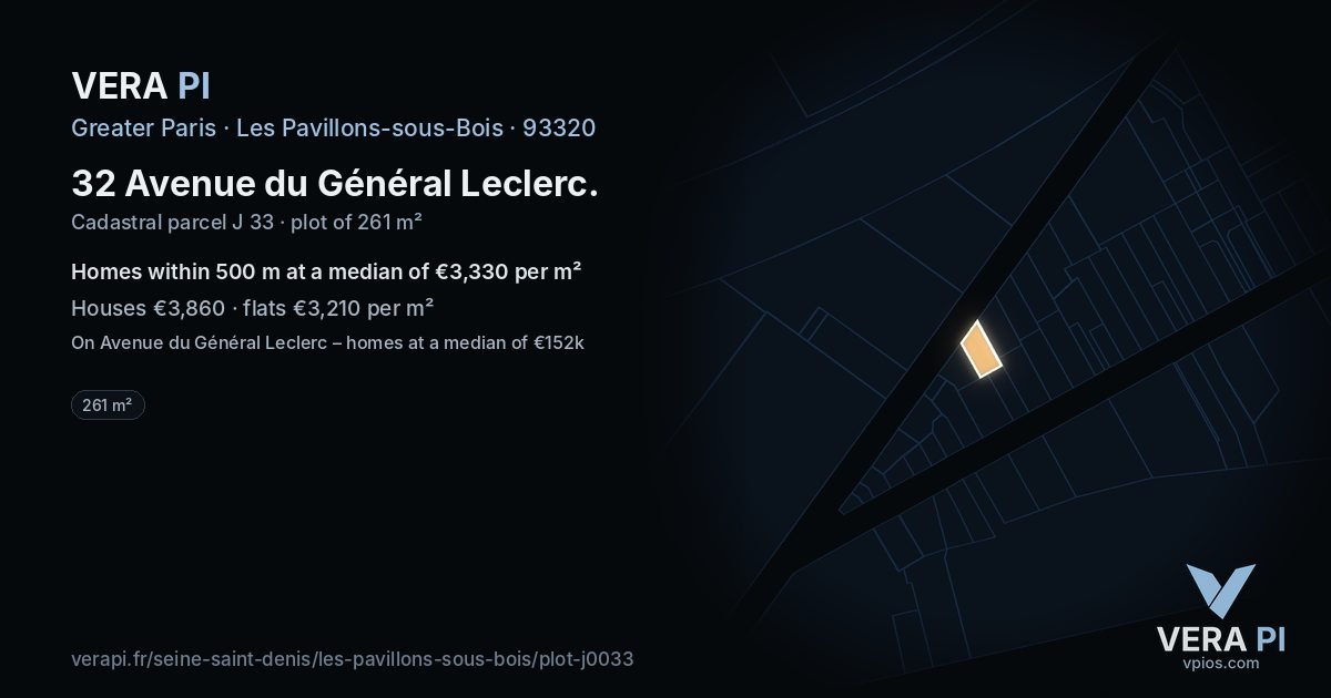 32 Avenue du Général Leclerc, Les Pavillons-sous-Bois at night – the plot lit, the parcels around coloured by the prices near them