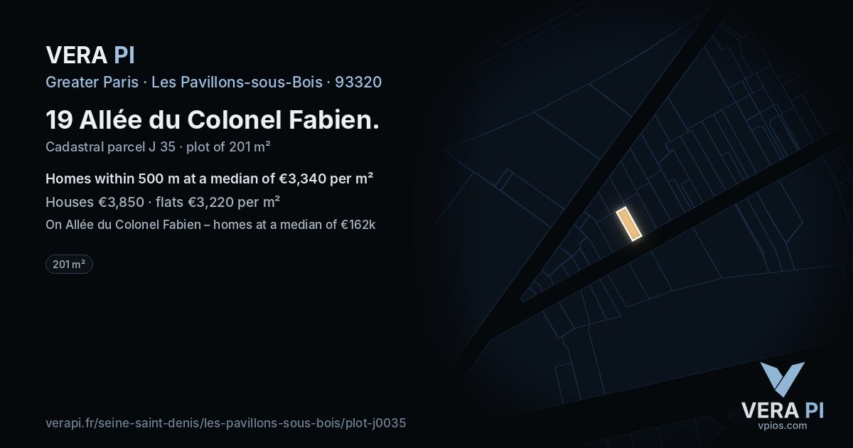 19 Allée du Colonel Fabien, Les Pavillons-sous-Bois at night – the plot lit, the parcels around coloured by the prices near them