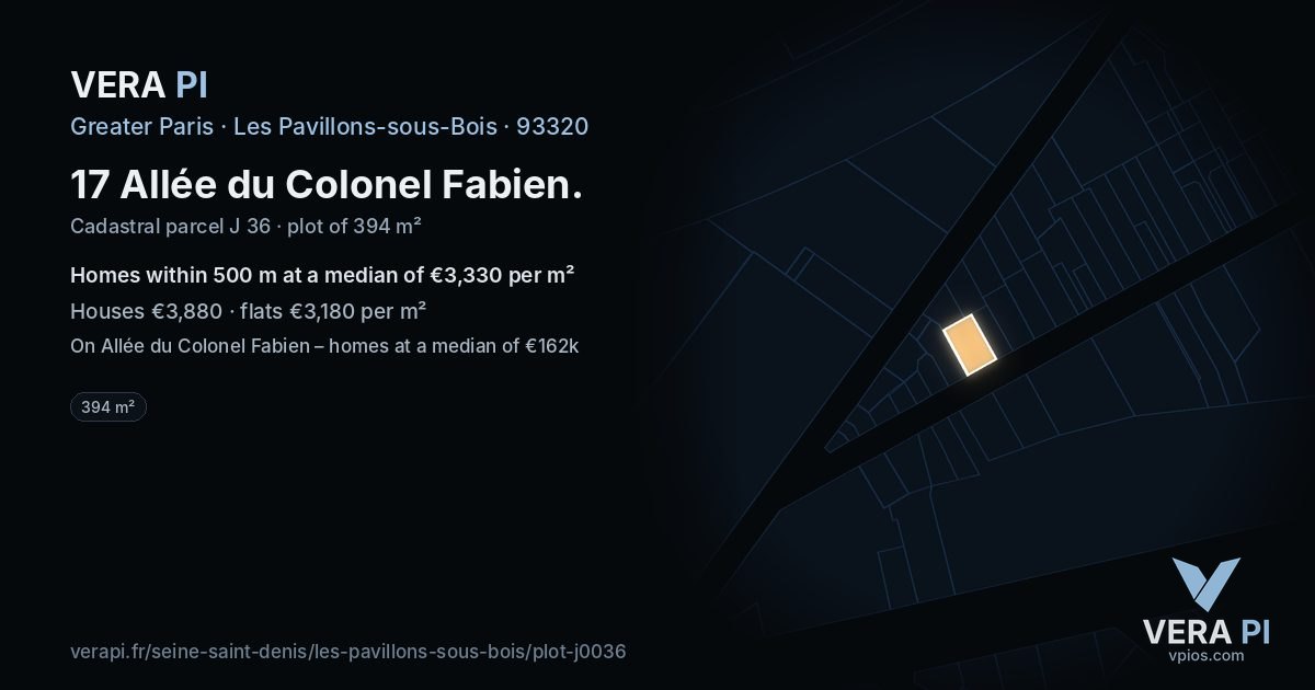 17 Allée du Colonel Fabien, Les Pavillons-sous-Bois at night – the plot lit, the parcels around coloured by the prices near them