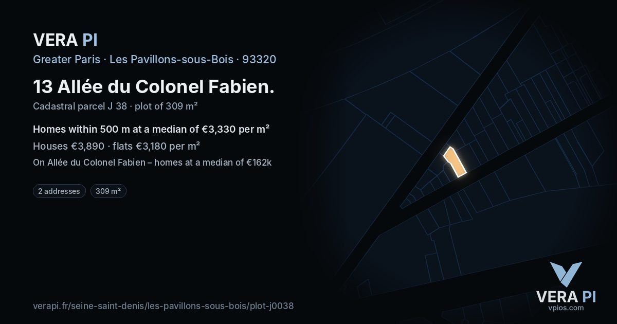 13 Allée du Colonel Fabien, Les Pavillons-sous-Bois at night – the plot lit, the parcels around coloured by the prices near them