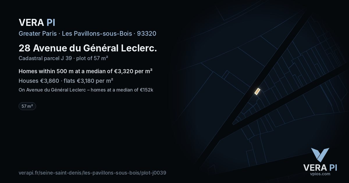 28 Avenue du Général Leclerc, Les Pavillons-sous-Bois at night – the plot lit, the parcels around coloured by the prices near them