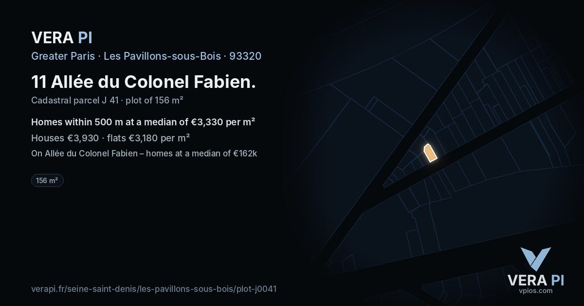 11 Allée du Colonel Fabien, Les Pavillons-sous-Bois at night – the plot lit, the parcels around coloured by the prices near them