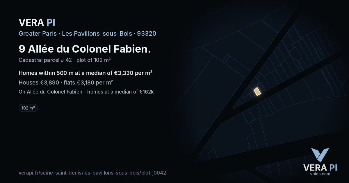 9 Allée du Colonel Fabien, Les Pavillons-sous-Bois at night – the plot lit, the parcels around coloured by the prices near them