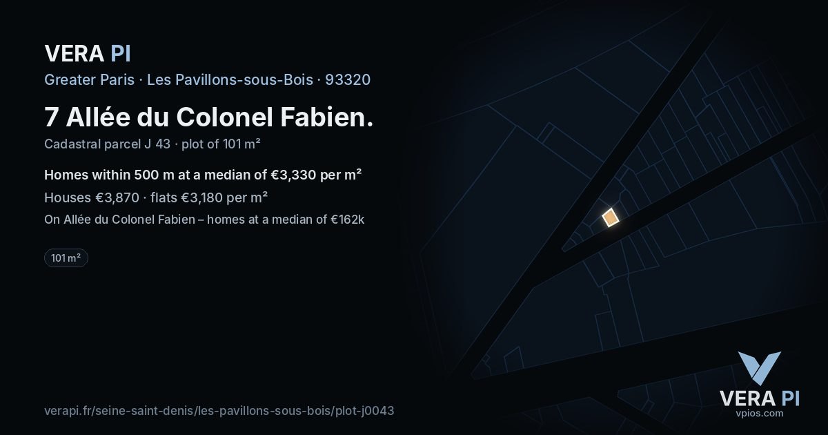 7 Allée du Colonel Fabien, Les Pavillons-sous-Bois at night – the plot lit, the parcels around coloured by the prices near them