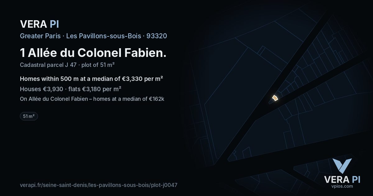 1 Allée du Colonel Fabien, Les Pavillons-sous-Bois at night – the plot lit, the parcels around coloured by the prices near them
