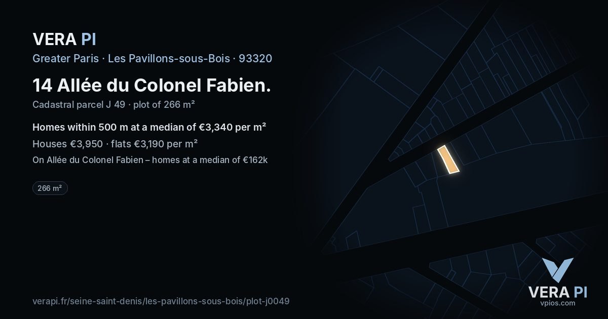 14 Allée du Colonel Fabien, Les Pavillons-sous-Bois at night – the plot lit, the parcels around coloured by the prices near them