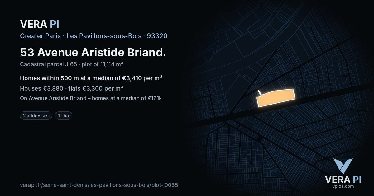 53 Avenue Aristide Briand, Les Pavillons-sous-Bois at night – the plot lit, the parcels around coloured by the prices near them