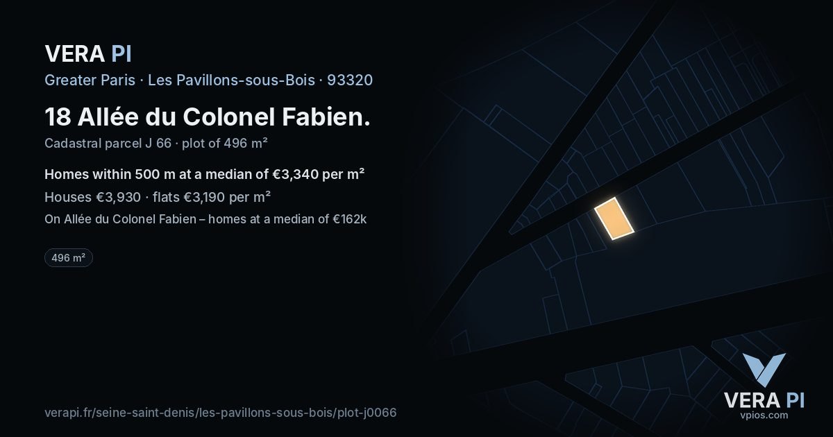 18 Allée du Colonel Fabien, Les Pavillons-sous-Bois at night – the plot lit, the parcels around coloured by the prices near them