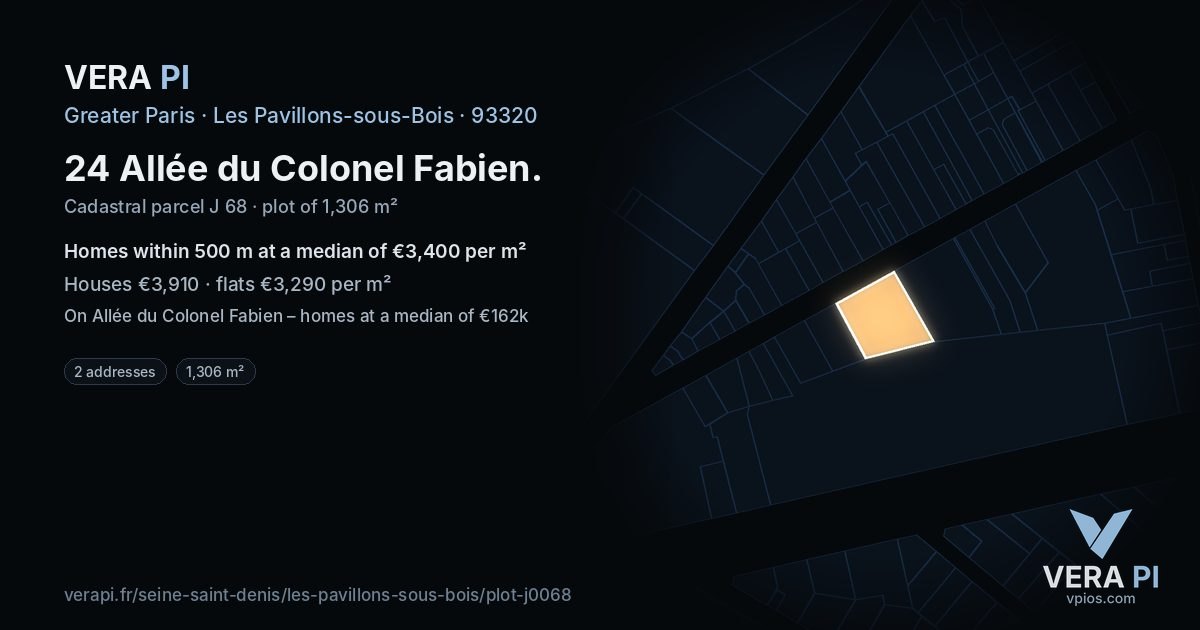 24 Allée du Colonel Fabien, Les Pavillons-sous-Bois at night – the plot lit, the parcels around coloured by the prices near them