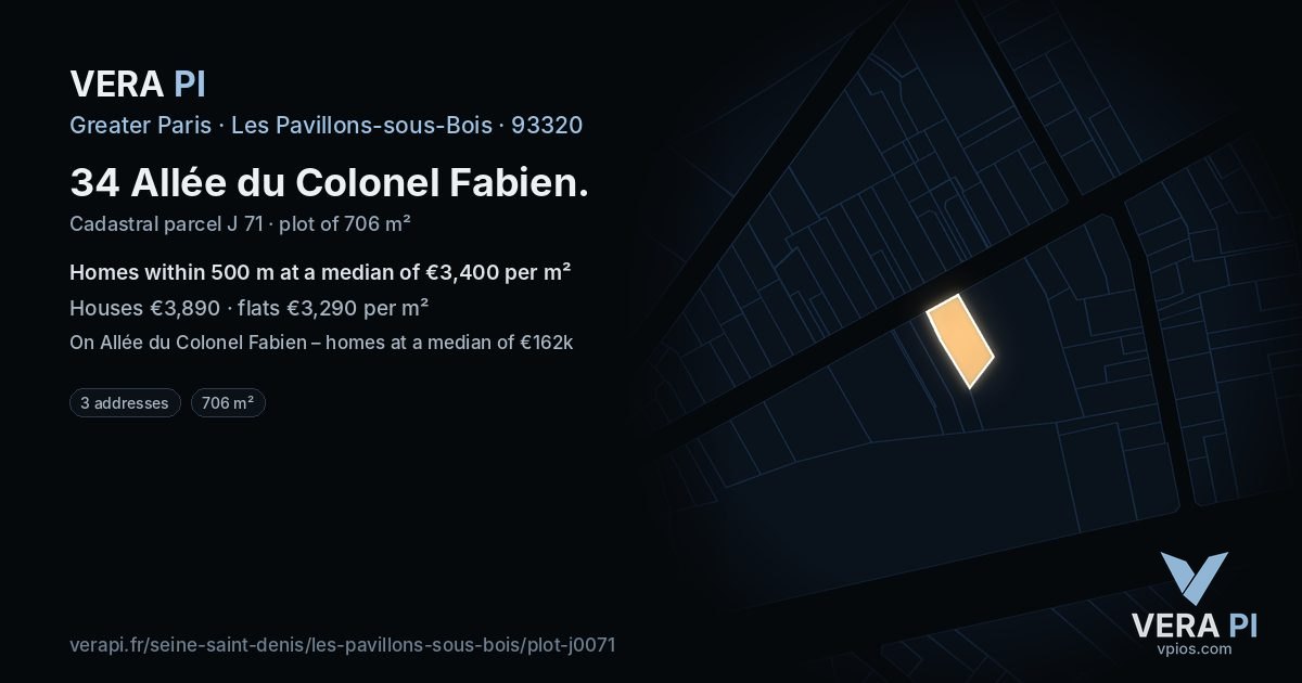 34 Allée du Colonel Fabien, Les Pavillons-sous-Bois at night – the plot lit, the parcels around coloured by the prices near them