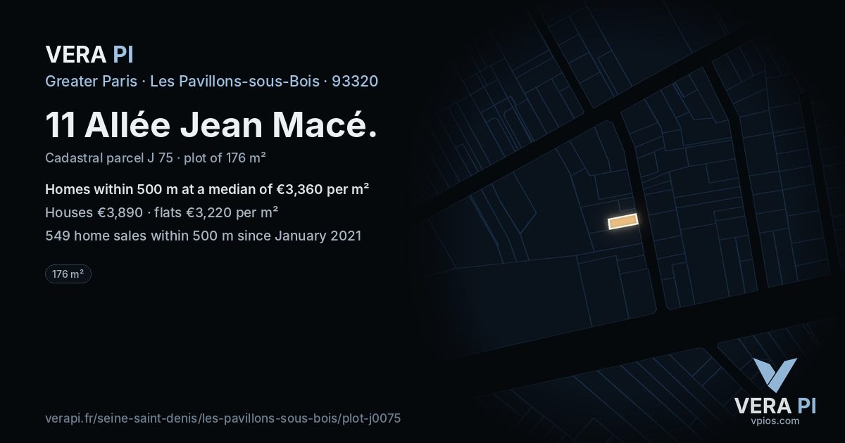 11 Allée Jean Macé, Les Pavillons-sous-Bois at night – the plot lit, the parcels around coloured by the prices near them
