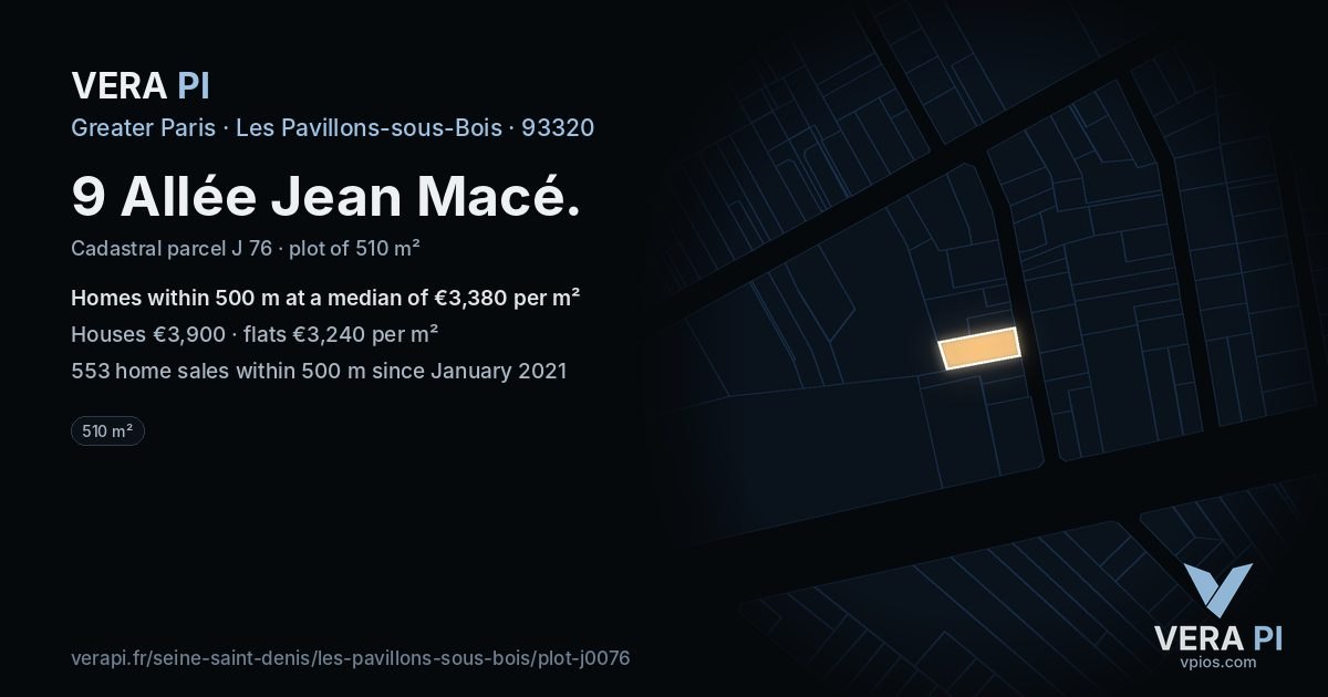 9 Allée Jean Macé, Les Pavillons-sous-Bois at night – the plot lit, the parcels around coloured by the prices near them