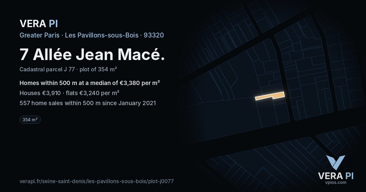 7 Allée Jean Macé, Les Pavillons-sous-Bois at night – the plot lit, the parcels around coloured by the prices near them