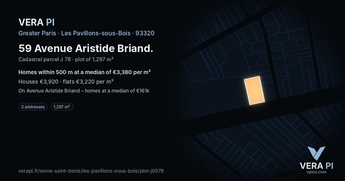 59 Avenue Aristide Briand, Les Pavillons-sous-Bois at night – the plot lit, the parcels around coloured by the prices near them