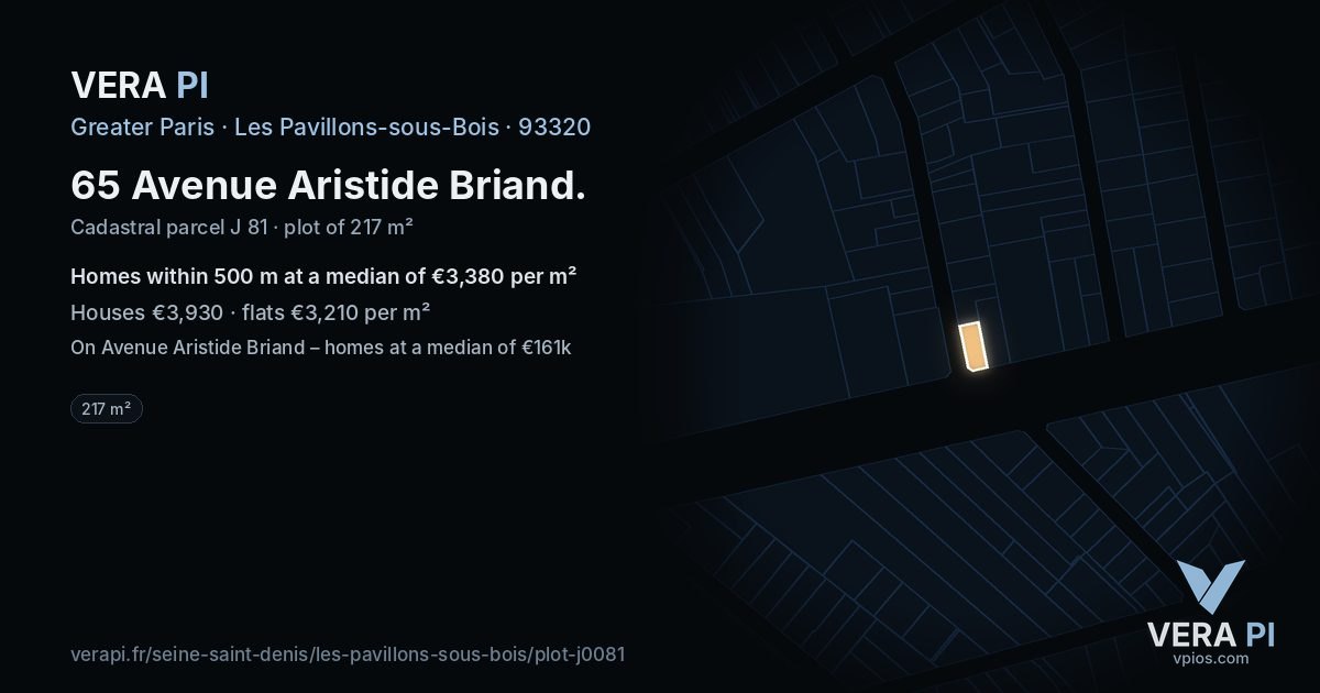 65 Avenue Aristide Briand, Les Pavillons-sous-Bois at night – the plot lit, the parcels around coloured by the prices near them