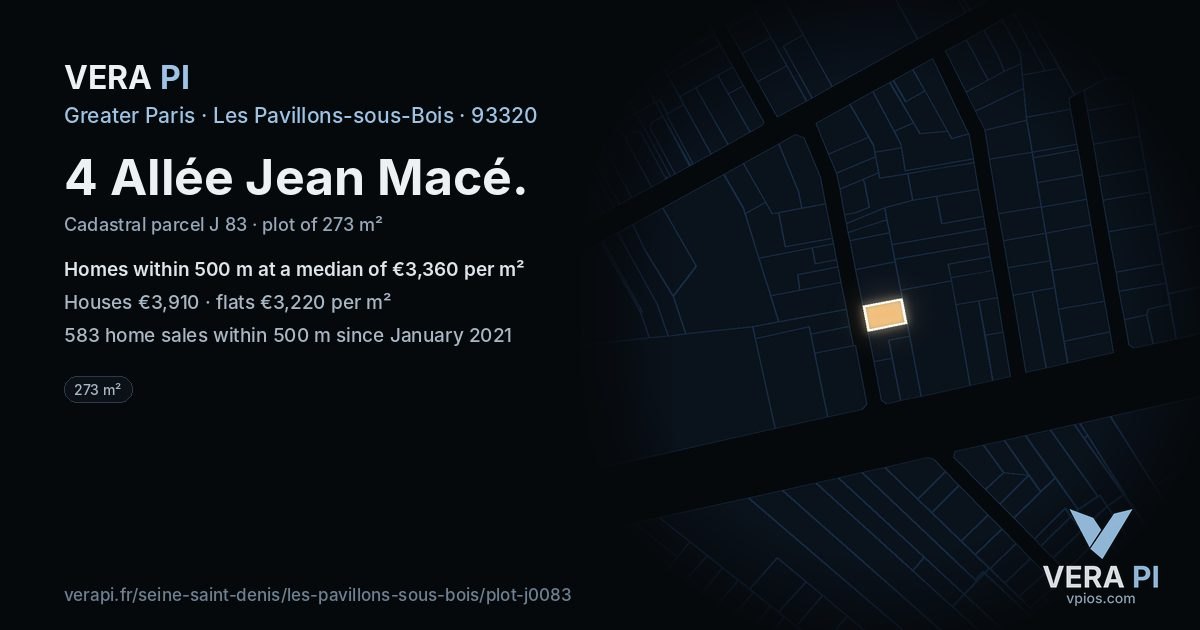 4 Allée Jean Macé, Les Pavillons-sous-Bois at night – the plot lit, the parcels around coloured by the prices near them