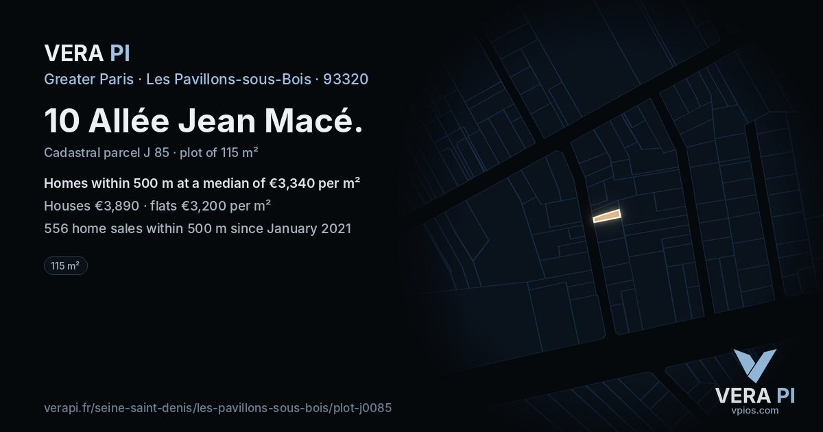 10 Allée Jean Macé, Les Pavillons-sous-Bois at night – the plot lit, the parcels around coloured by the prices near them