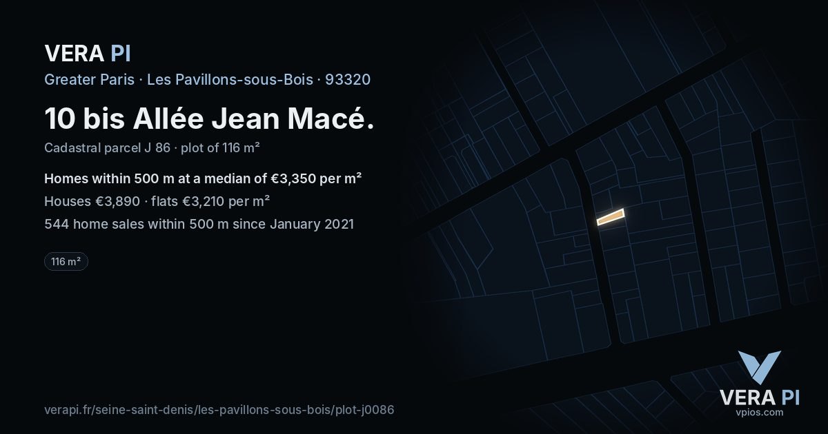 10 bis Allée Jean Macé, Les Pavillons-sous-Bois at night – the plot lit, the parcels around coloured by the prices near them
